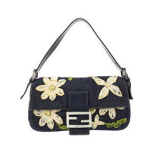 FENDI Flower Denim Mamma Bucket Handbag